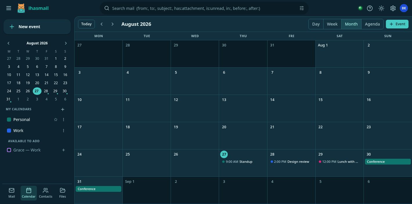 The calendar in month view for August 2026: a mini calendar, My calendars listing Personal and Work, and Available to add listing a calendar shared by Grace.