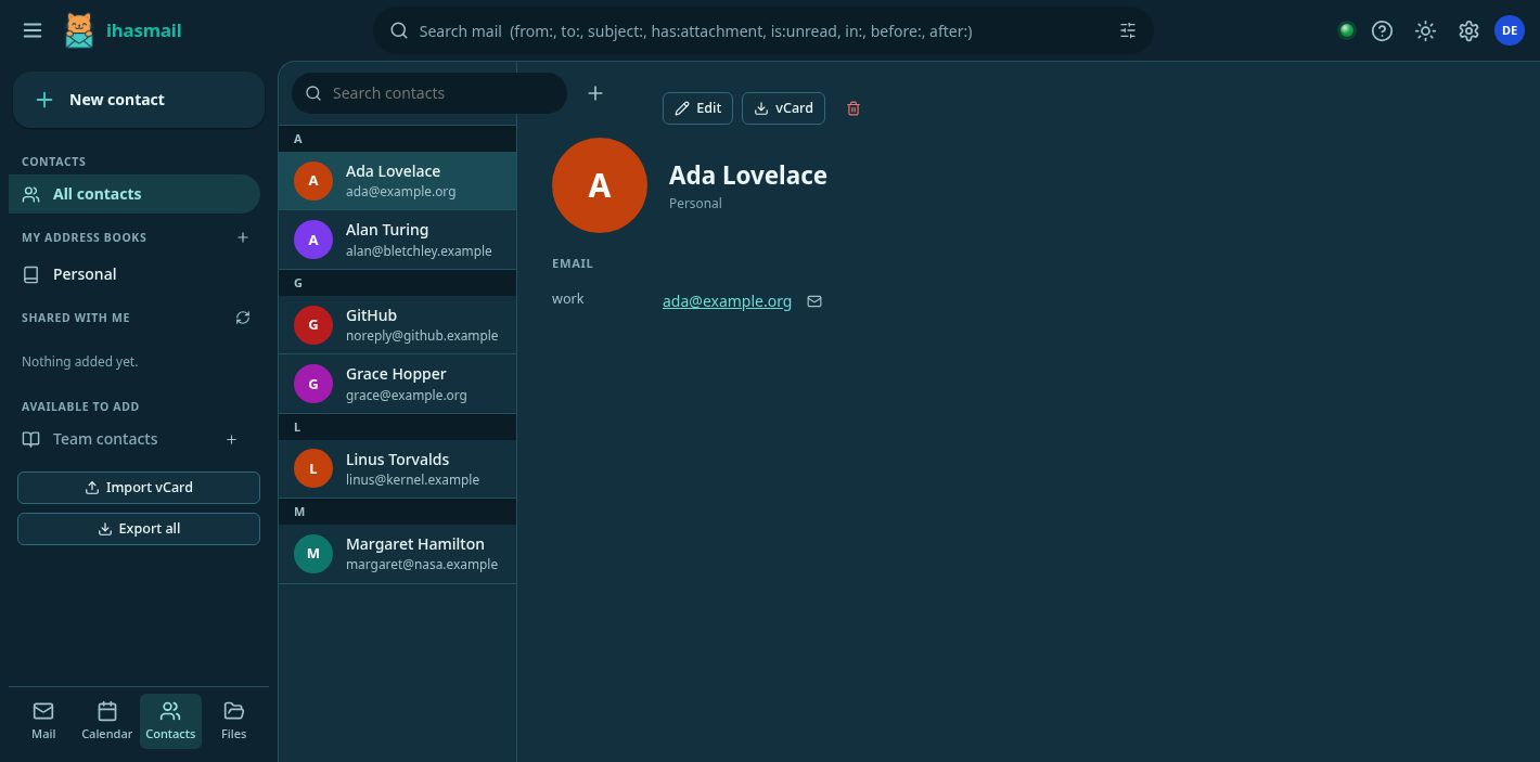 The contacts view: the left pane listing My address books and Shared with me, a letter-indexed contact list of six people, and Ada Lovelace open in the detail pane.
