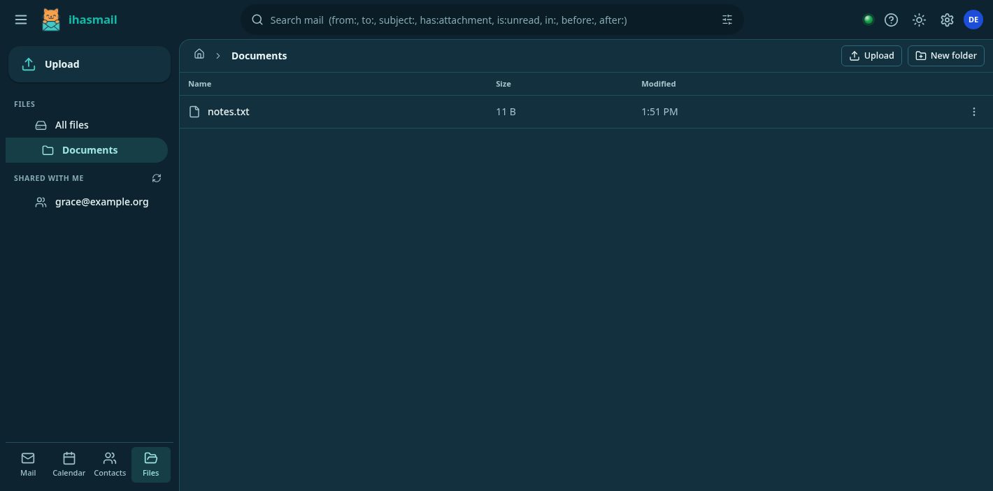 The files view: a folder tree in the left pane with Shared with me beneath it, and the Documents folder open showing notes.txt.