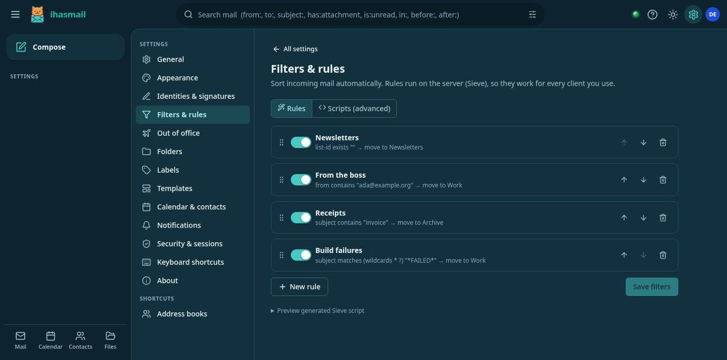 Settings, Filters and rules, with four rules listed: Newsletters, From the boss, Receipts and Build failures, each showing its condition and target folder.